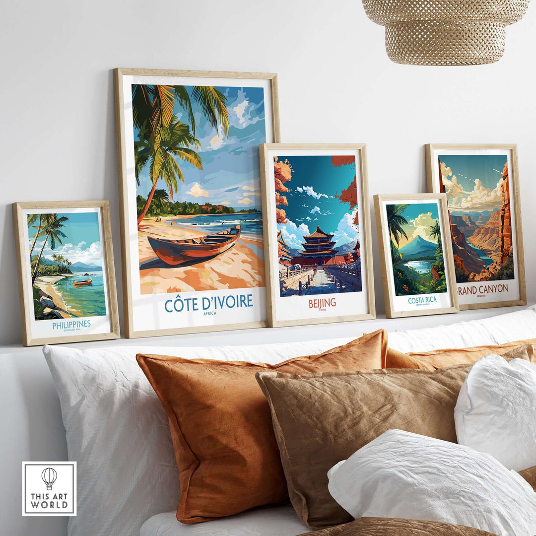 Côte d'Ivoire travel print showcased among other travel-themed wall art, highlighting beach scenes and vibrant landscapes.