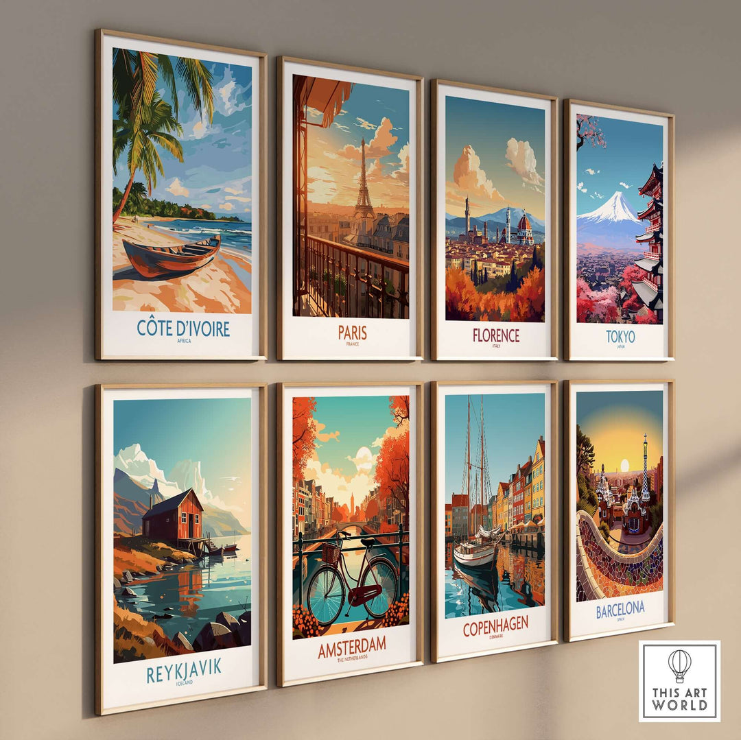 Côte d'Ivoire travel print and city posters of Paris, Florence, Tokyo, Reykjavik, Amsterdam, Copenhagen, Barcelona.