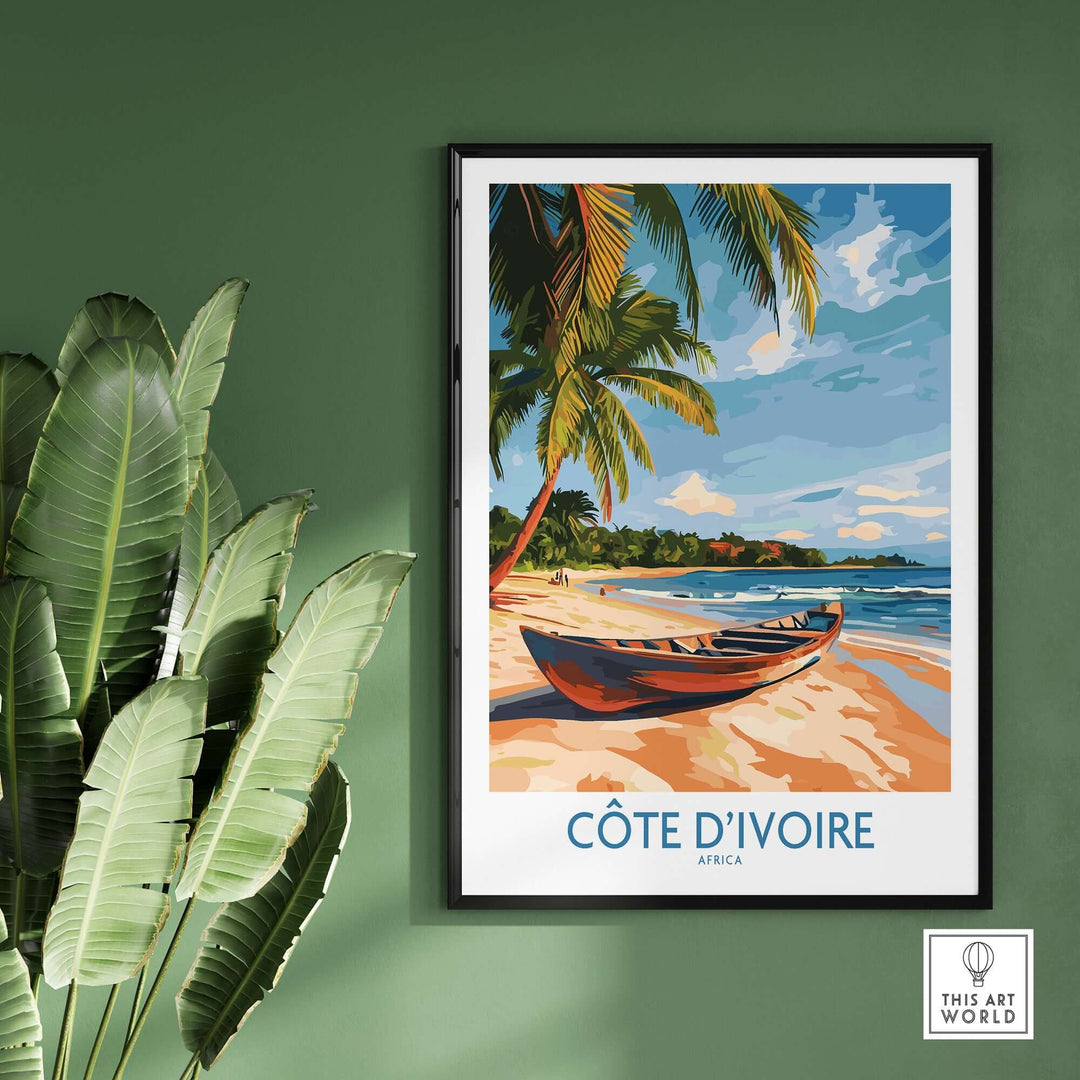 Côte d'Ivoire travel print featuring a serene beach with palm trees and a boat, perfect for home or office decor.