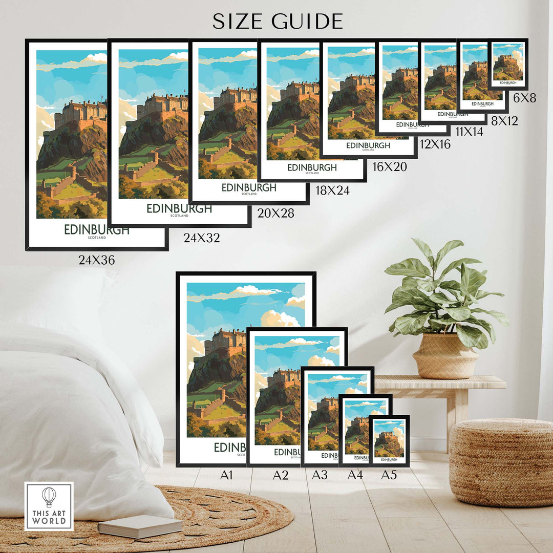Size guide for Edinburgh Print showcasing various wall art sizes featuring Edinburgh Castle.