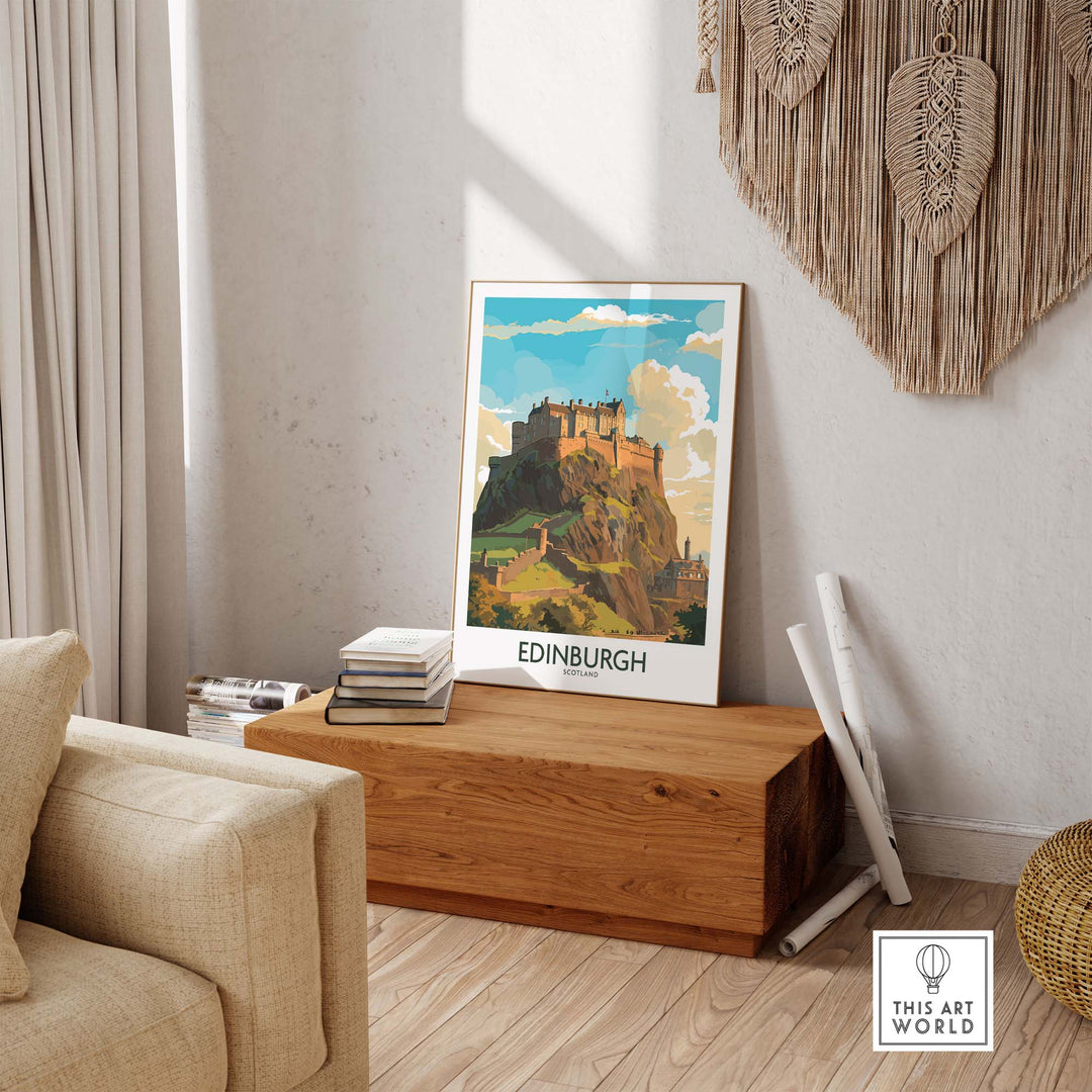 Edinburgh Castle print displayed in a modern living room setting with wooden decor.