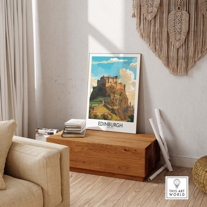 Edinburgh Castle print displayed in a modern living room setting with wooden decor.