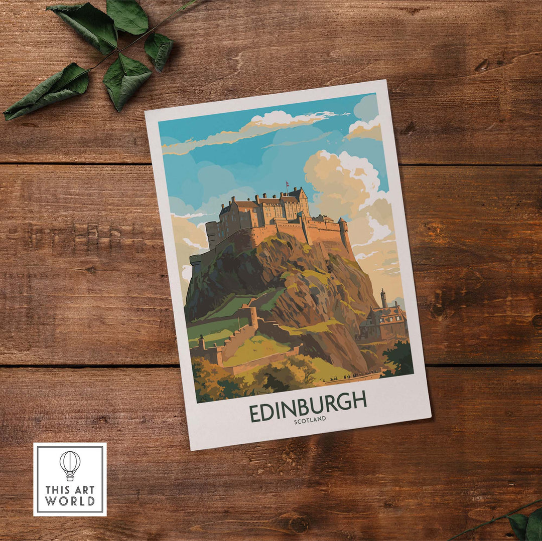 Edinburgh print featuring a modern illustration of Edinburgh Castle on a wooden background