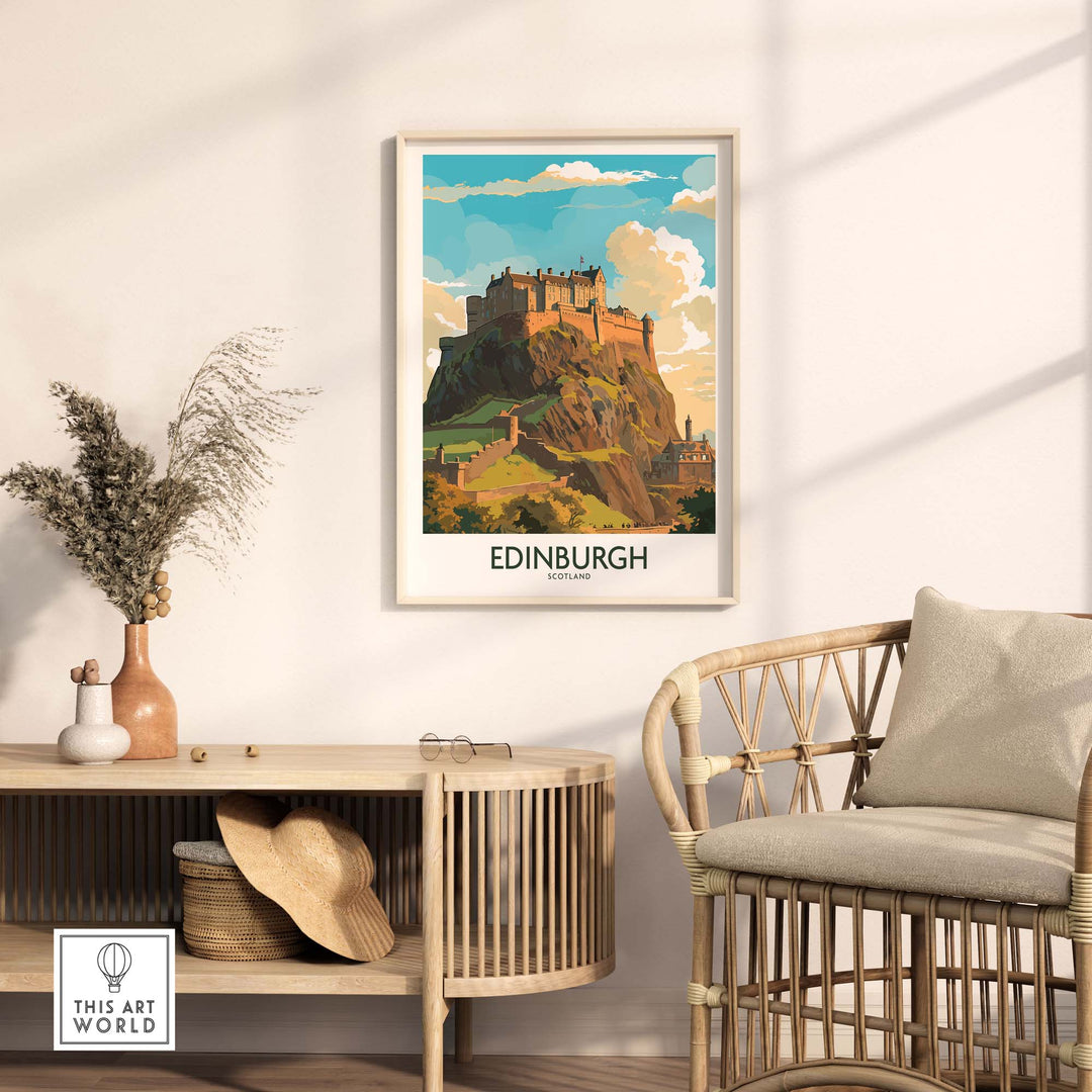Edinburgh print showcasing Edinburgh Castle in modern style, ideal for travel enthusiasts and home decor.