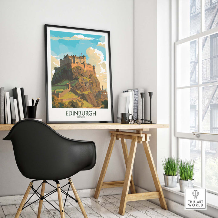 Framed Edinburgh Print featuring Edinburgh Castle in a modern interior setting with a stylish chair and desk.