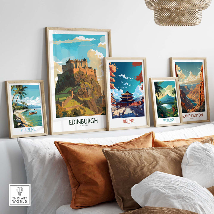 A stylish display of framed travel art prints including Edinburgh, Beijing, Costa Rica, and the Grand Canyon.