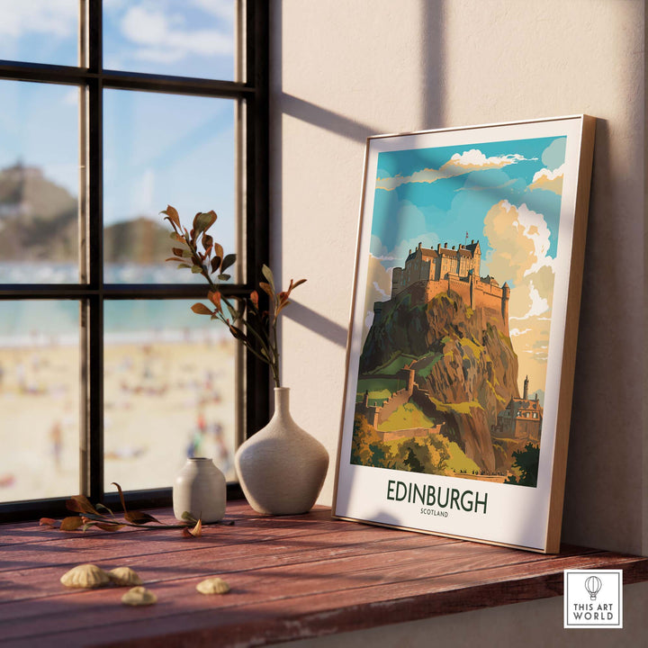 Edinburgh print showcasing Edinburgh Castle in a modern style, placed on a windowsill with a beach view.