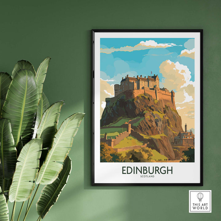 Stunning Edinburgh Print depicting Edinburgh Castle against a blue sky, perfect for travel lovers and home decor.
