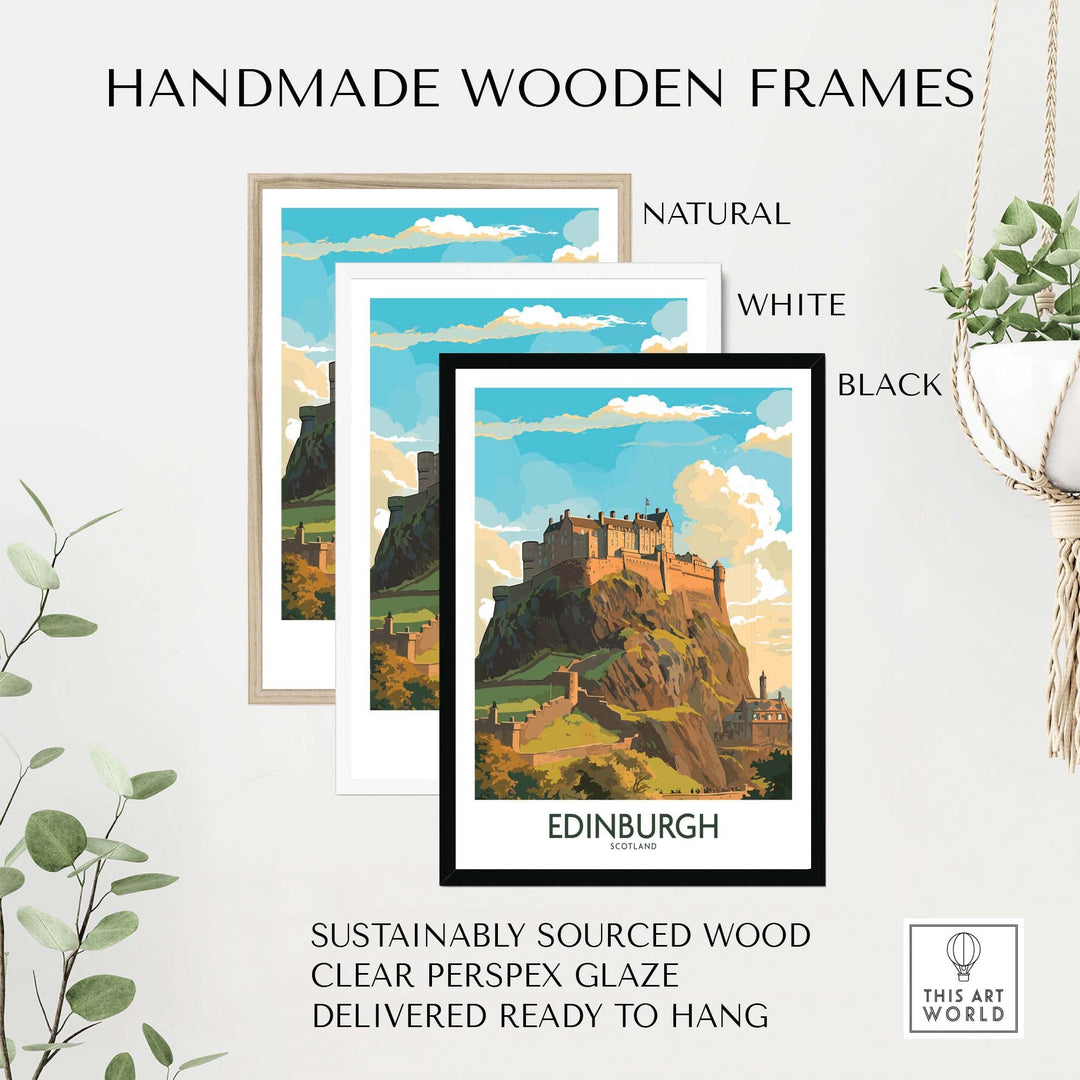Handmade wooden frames for Edinburgh Print in natural, white, and black options, made with sustainably sourced wood.