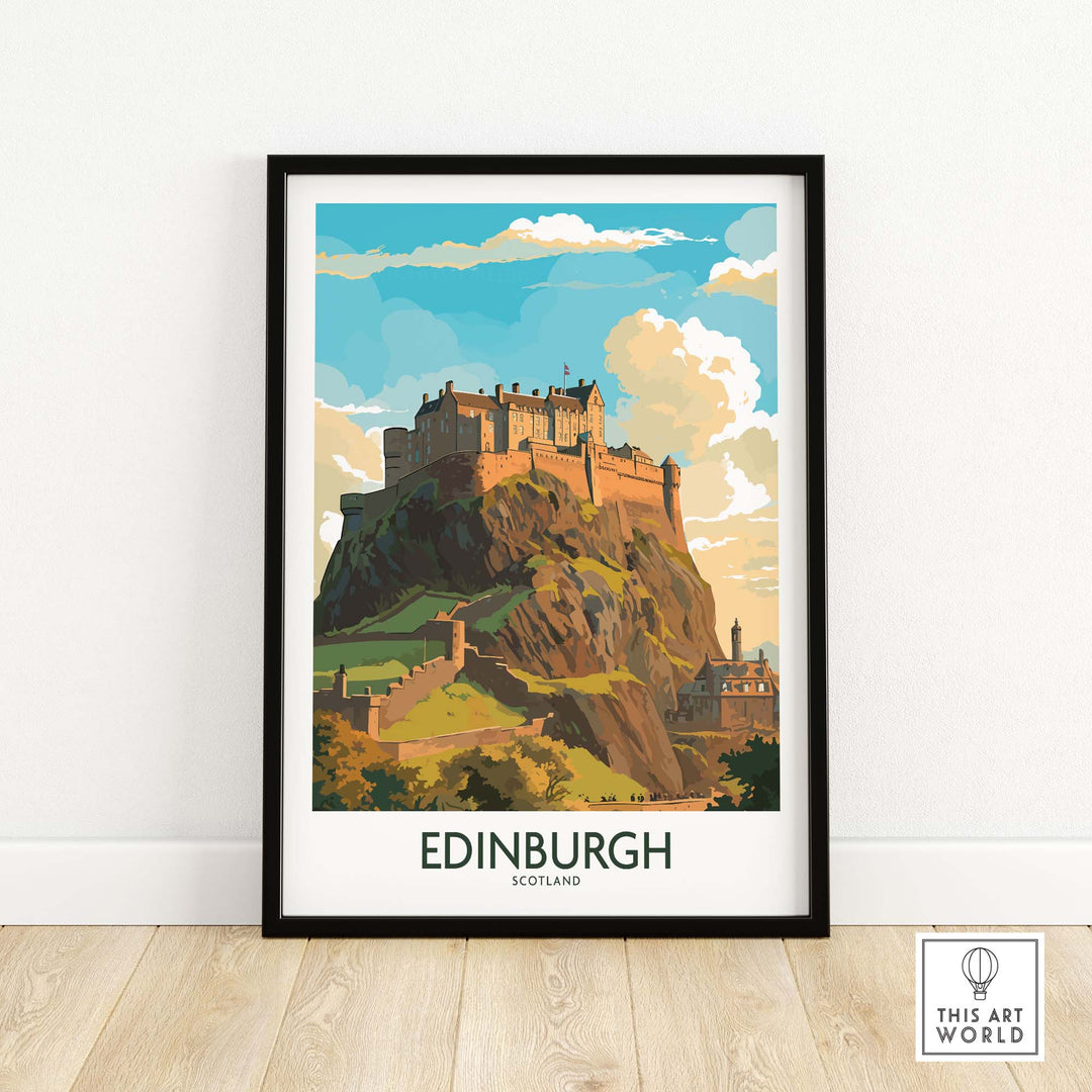 Framed Edinburgh Castle print showcasing modern style artwork, perfect for travel enthusiasts and Scotland art lovers.
