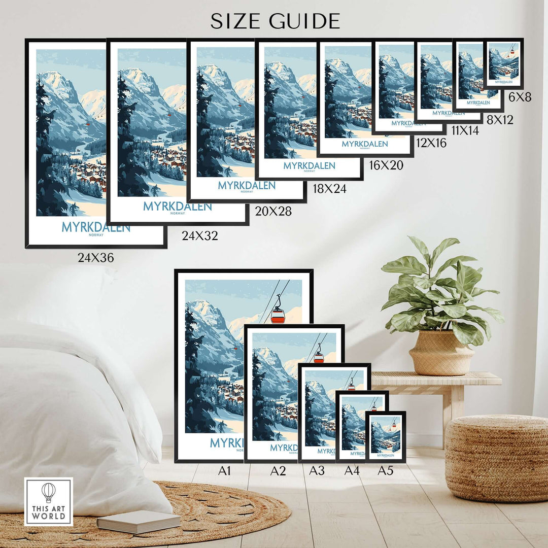 Size guide for 'Experience Myrkdalen' ski poster art, showcasing various frame sizes against a cozy interior.