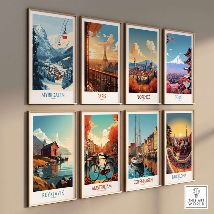 Gallery of colorful travel posters featuring Myrkdalen, Paris, Florence, Tokyo, Reykjavik, Amsterdam, Copenhagen, and Barcelona.