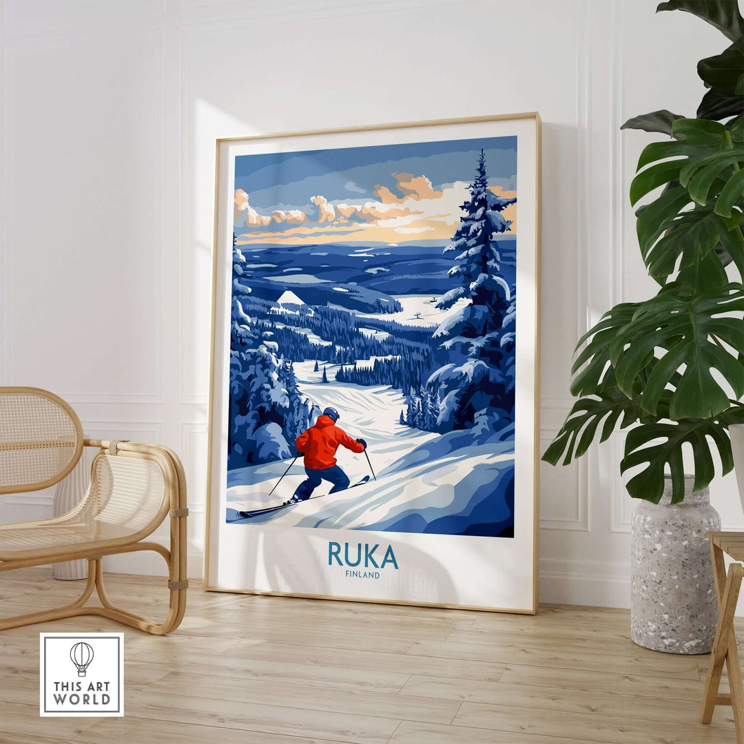 Finland ski adventure poster featuring skier in Ruka snowscape, Scandinavian wall art for winter decor.