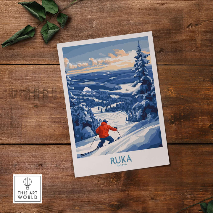 Ruka Ski Adventure Poster featuring a skier in vibrant snow-laden landscape of Finland's wilderness.
