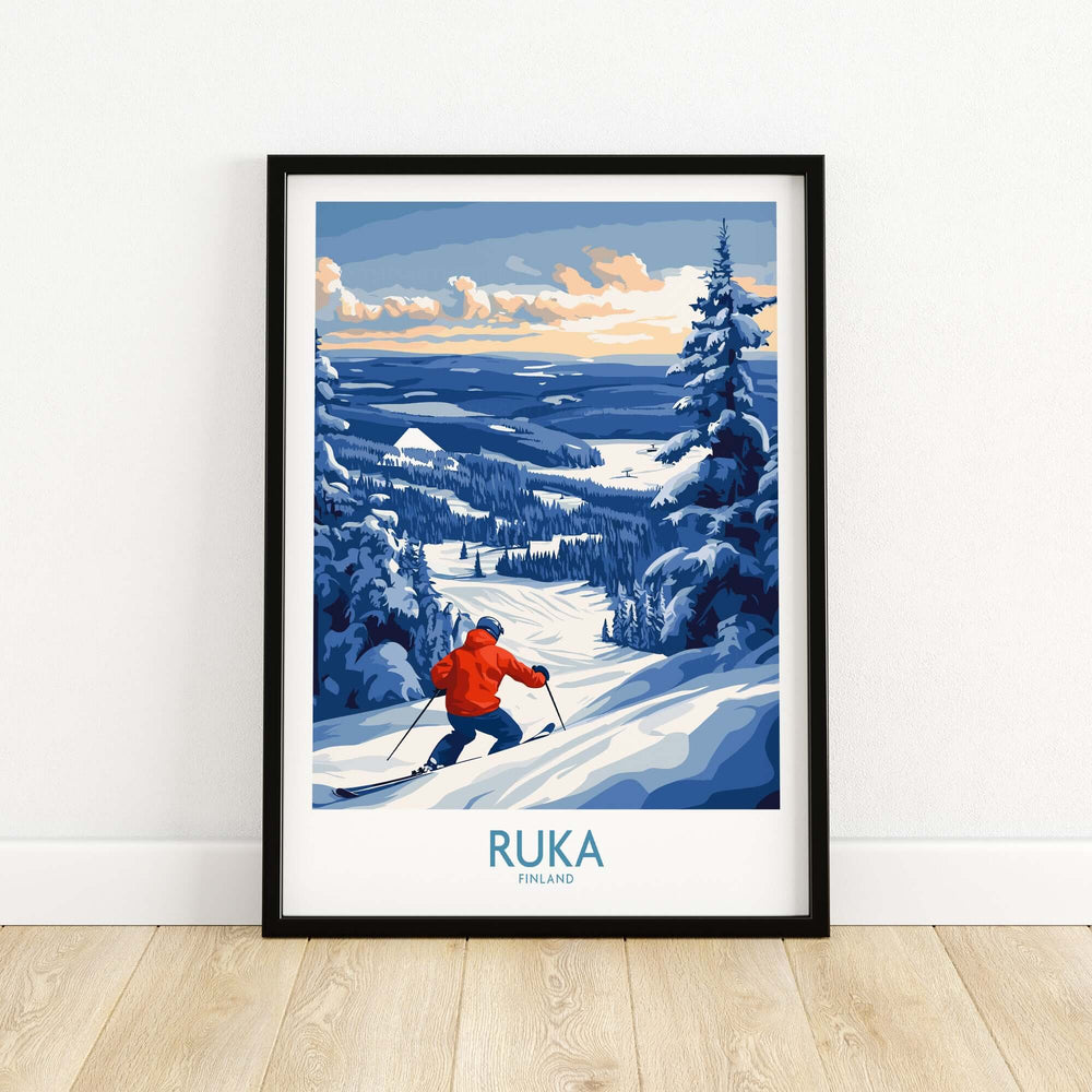 Ruka Ski Adventure Poster featuring a skier in a snowy landscape of Finland, vibrant Scandinavian wall art.