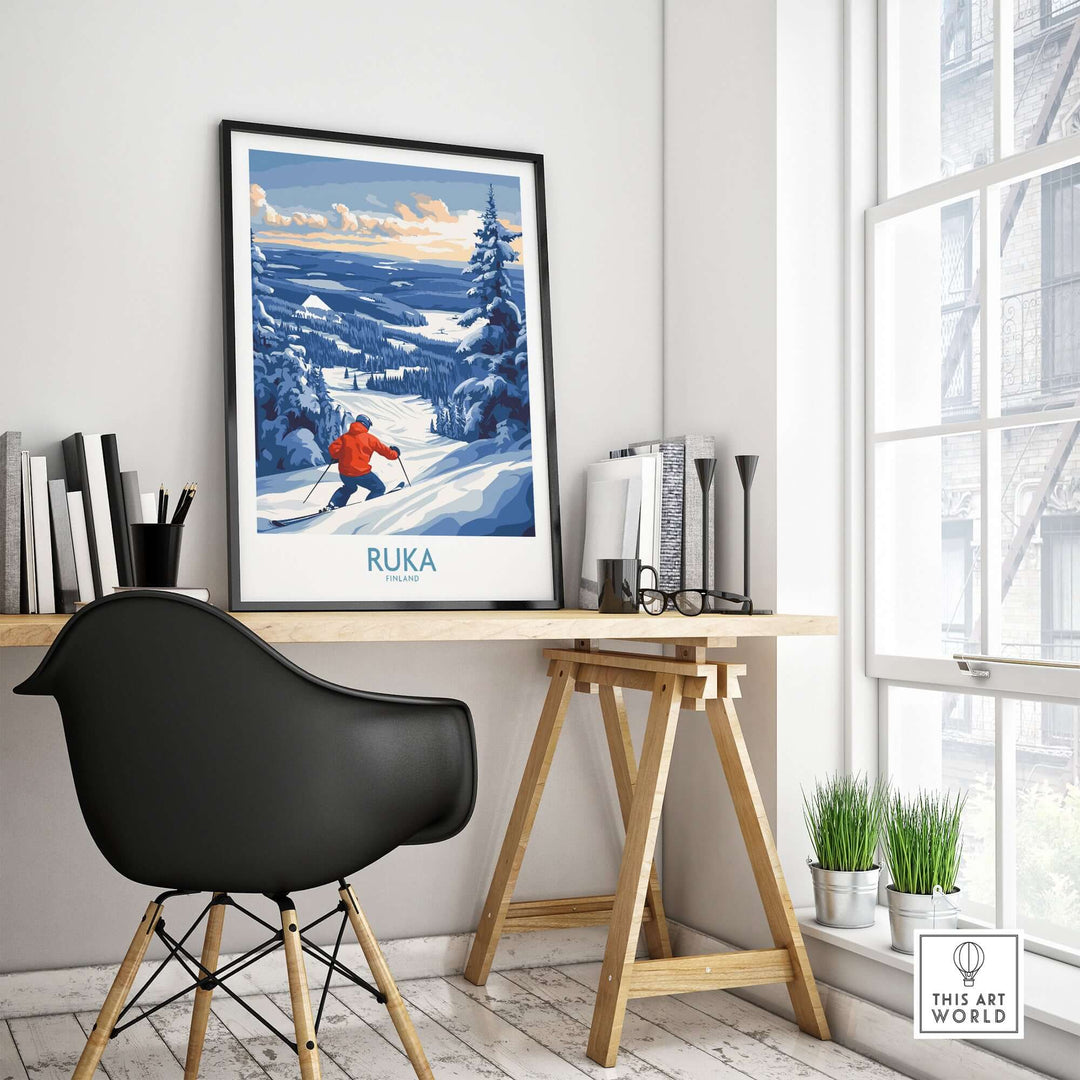Finland Ski Adventure Poster featuring Ruka snowscape print in stylish office decor with modern workspace setup.