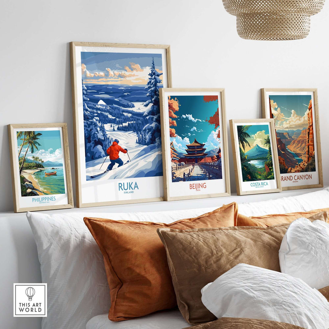 Colorful travel posters including Ruka, Beijing, Costa Rica, and Grand Canyon displayed on a cozy sofa.