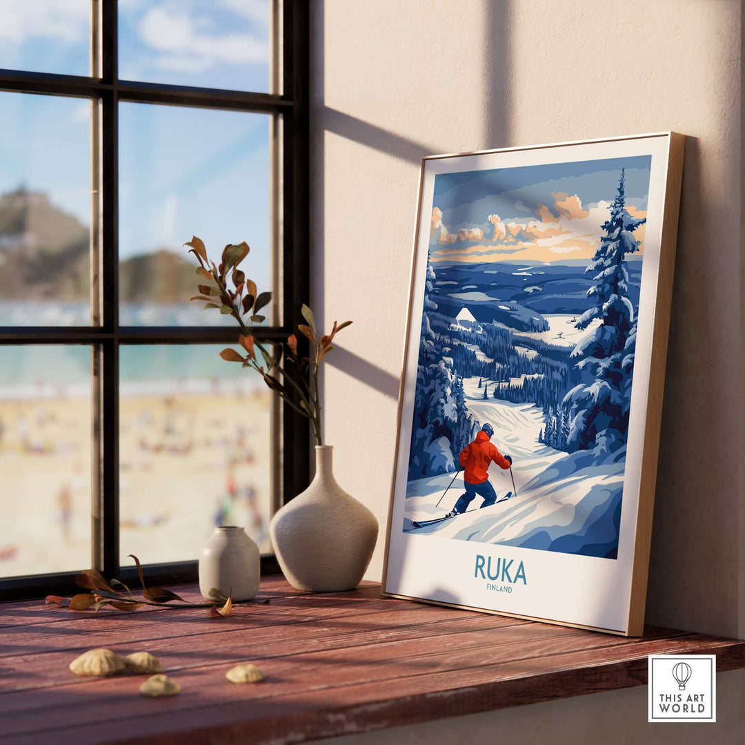Finland Ski Adventure Poster featuring a skier in a snowy Ruka landscape, displayed indoors with a scenic view.