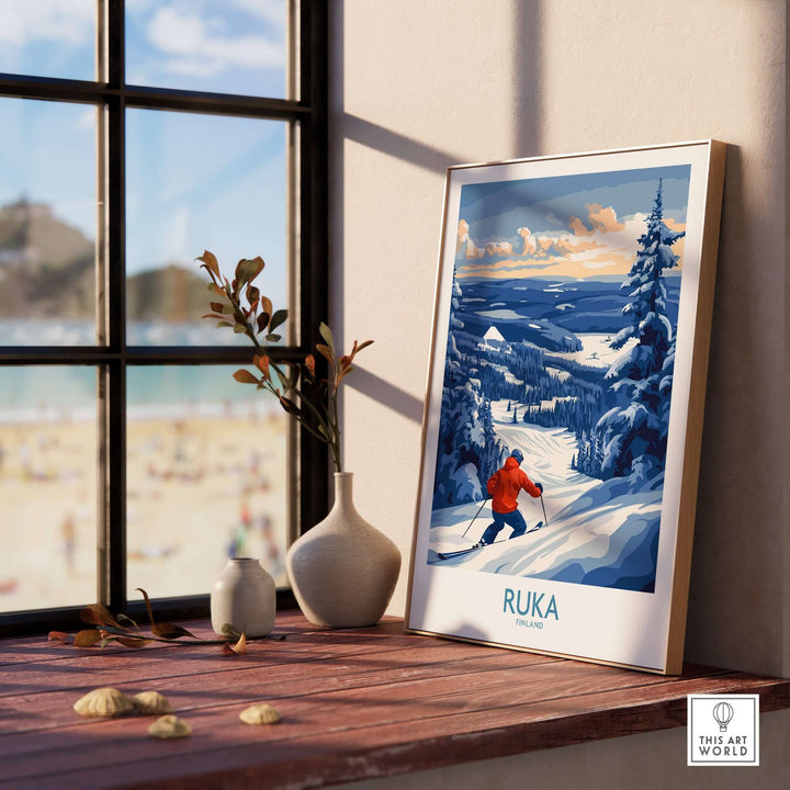 Finland Ski Adventure Poster featuring a skier in a snowy Ruka landscape, displayed indoors with a scenic view.