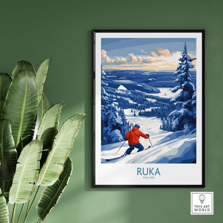Finland ski adventure poster featuring vibrant Ruka snowscape and skier in winter landscape, Scandinavian wall art.