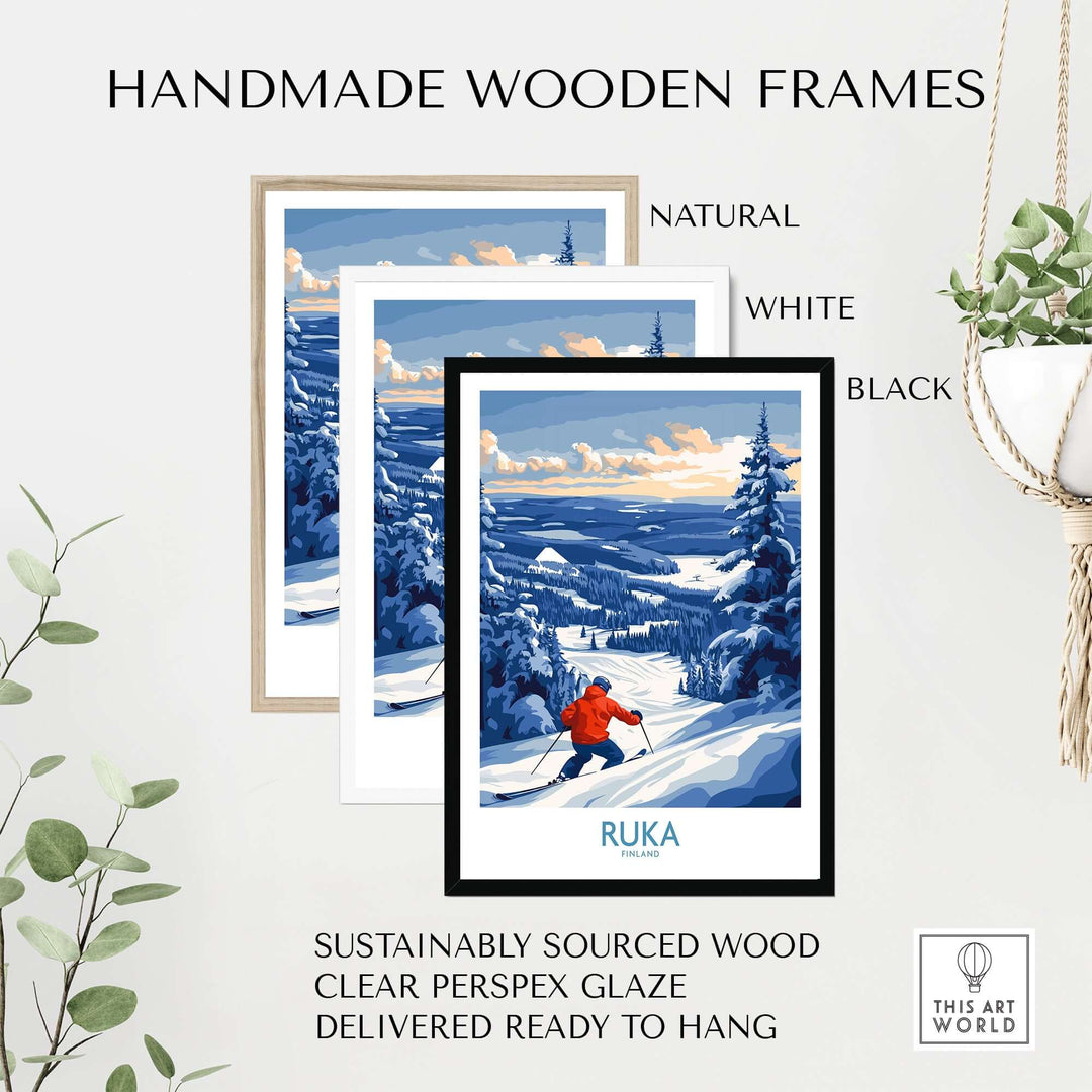 Three handmade wooden frames in natural, white, and black styles displaying a Ruka ski adventure poster.