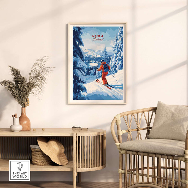 Ruka ski run poster featuring a skier in snowy peaks, perfect for Nordic travel decor and winter enthusiasts.