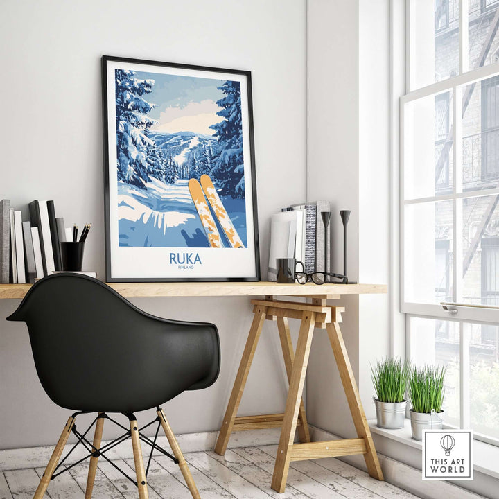 Ruka ski poster displayed in a stylish home office, featuring snowy landscapes and vibrant ski colors, perfect Nordic decor.