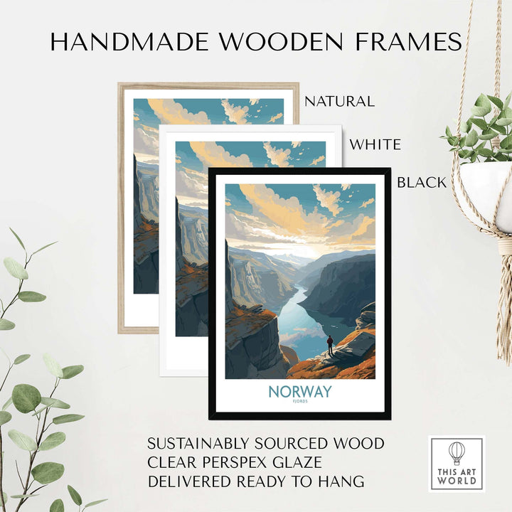 Handmade wooden frames in natural, white, and black displaying Norway wall art with sustainable materials and clear glaze.