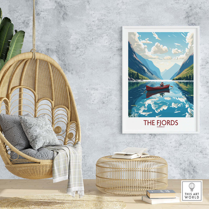 Modern Fjords wall art print displayed in a cozy interior with a hanging chair and natural decor elements.
