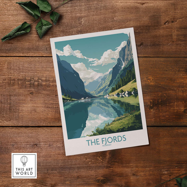 Fjords wall art print depicting a serene Norwegian landscape with mountains and reflections on water, perfect for modern decor.