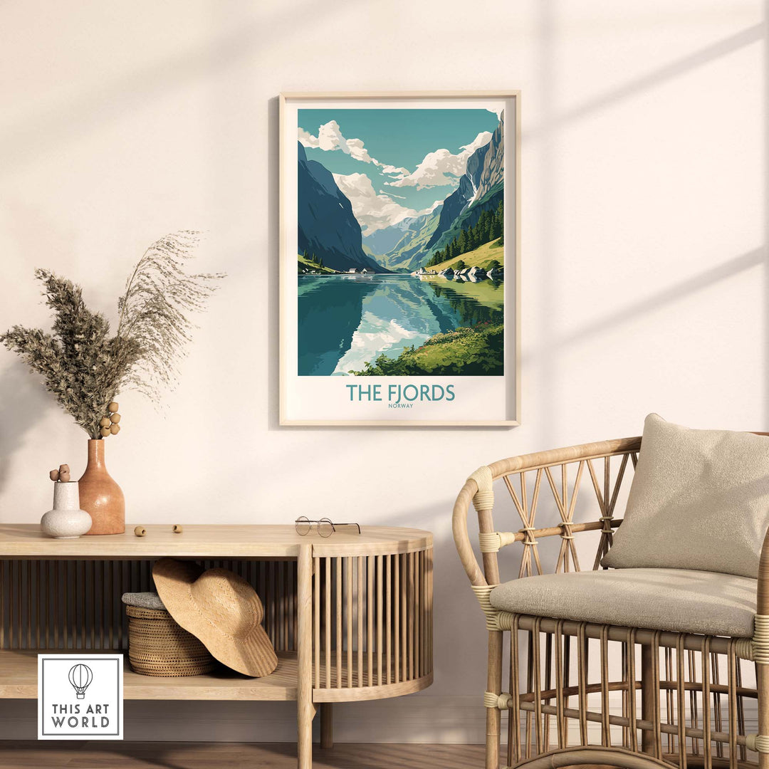 Fjords Wall Art showcasing stunning Norwegian landscape with mountains and river in a modern home setting.