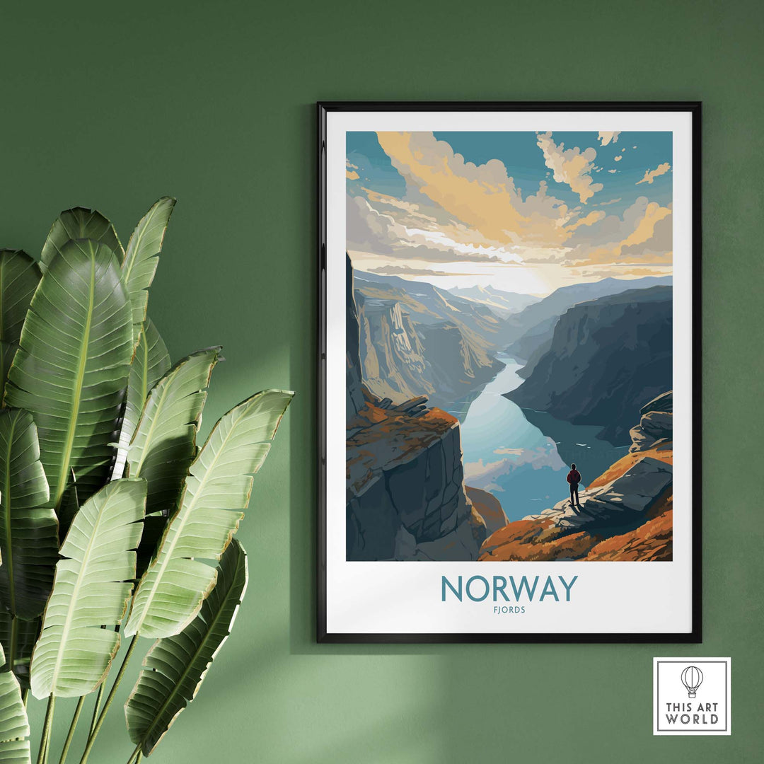 Norway Fjords wall art print, showcasing a picturesque landscape with mountains and a river, perfect for modern decor.