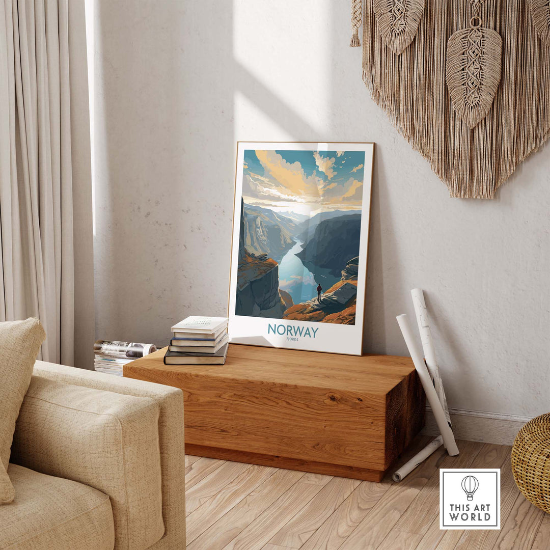 Fjords Wall Art Print of Norway displayed in a cozy interior setting, showcasing majestic natural scenery.