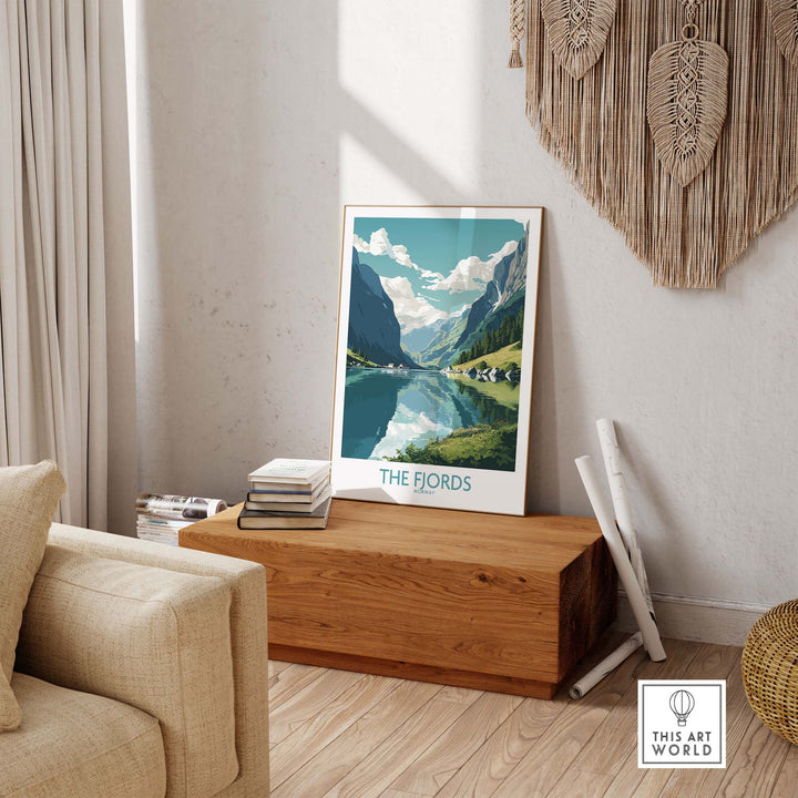 Modern Fjords wall art displayed in a cozy living room, showcasing stunning Norwegian landscape and vibrant colors.