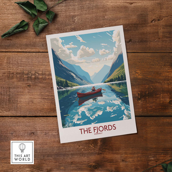 Fjords wall art print featuring a serene boat scene in Norway, capturing breathtaking landscapes and modern design elements.