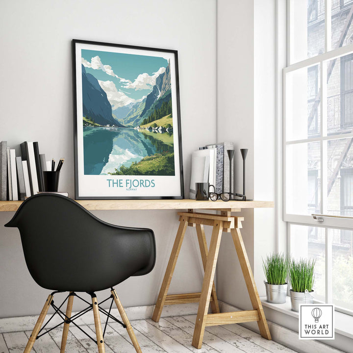 Modern Fjords wall art framed in a stylish interior, depicting serene Norwegian landscapes with mountains and reflections.