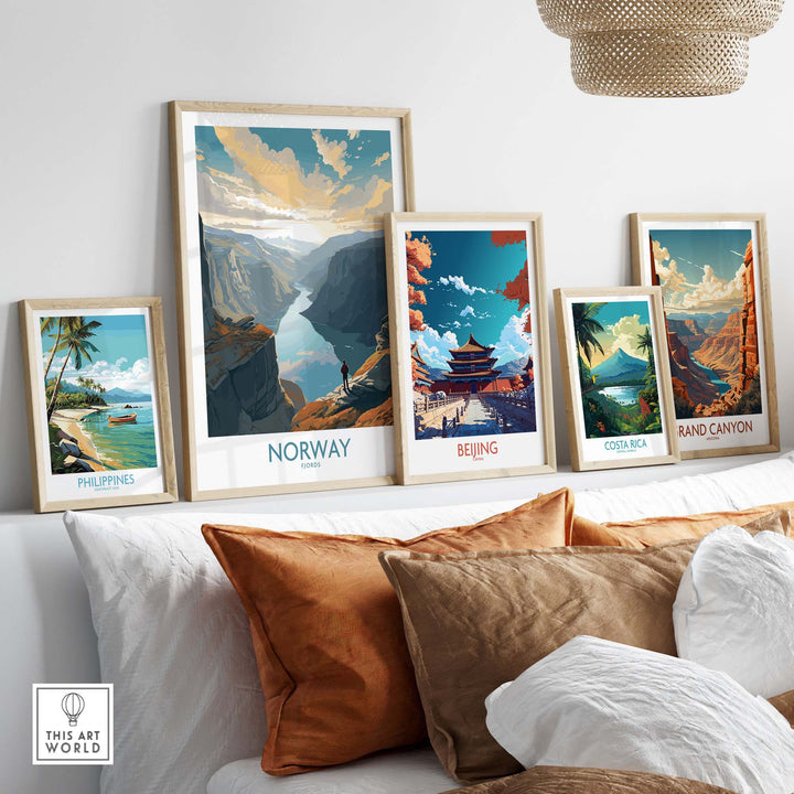 Collection of framed wall art featuring iconic landscapes: Norway, Beijing, Costa Rica, Grand Canyon, and Philippines.