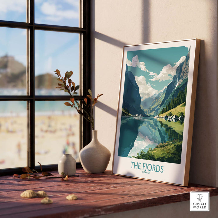 Fjords wall art displayed in a sunny room, showcasing vibrant Norwegian landscapes and natural beauty.