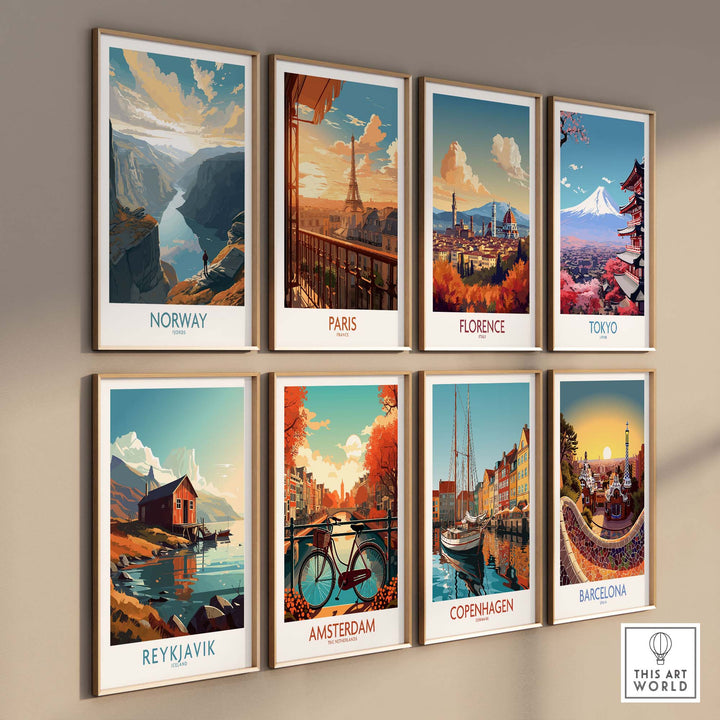 Wall art featuring iconic cityscapes: Norway, Paris, Florence, Tokyo, Reykjavik, Amsterdam, Copenhagen, and Barcelona.