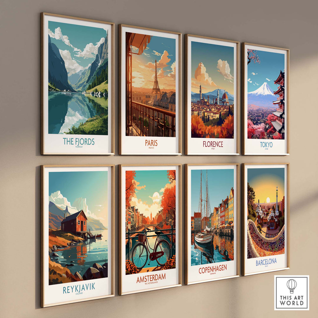 Vibrant collection of framed wall art featuring iconic landscapes from Norway, Paris, Florence, Tokyo, and other cities.