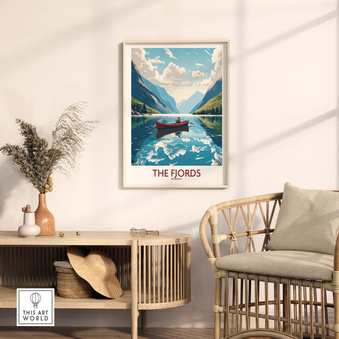 Stunning wall art of Norwegian fjords featuring a boat on reflective waters, enhancing modern home decor.