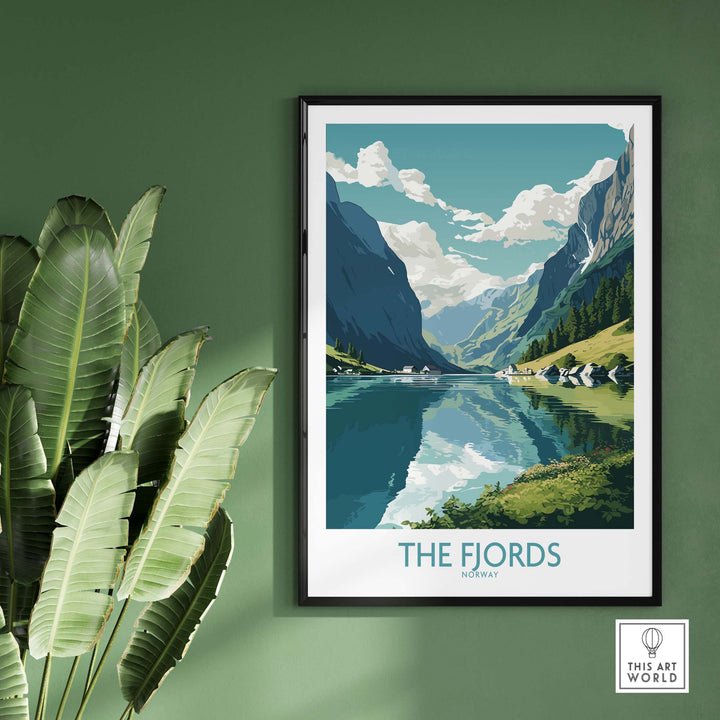 Fjords Wall Art depicting a serene Norwegian landscape with mountains and water, adding a modern touch to interior décor.
