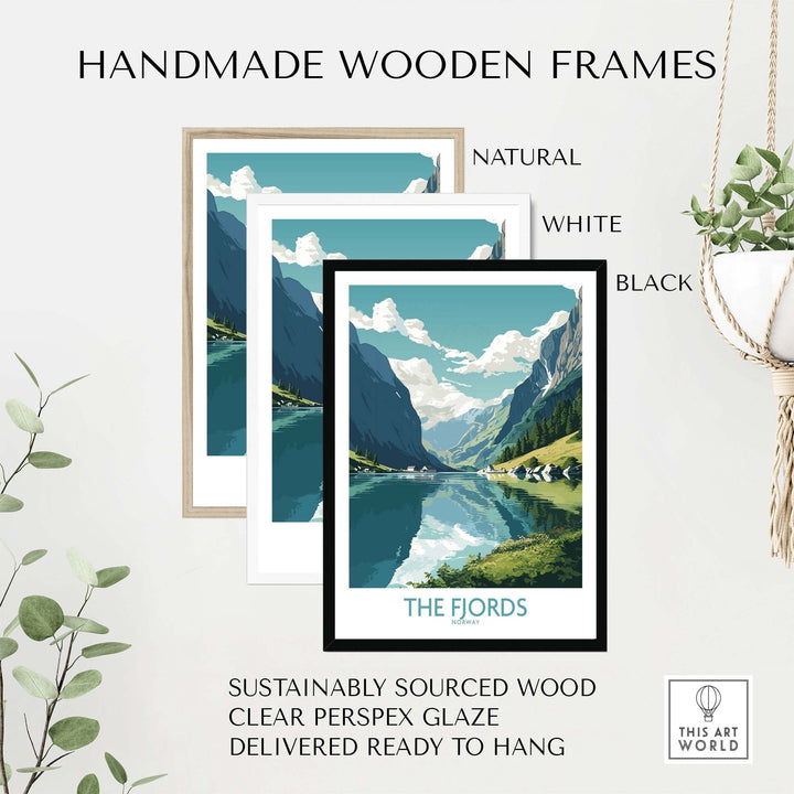 Handmade wooden frames for Fjords wall art in natural, white, and black options, ready to hang and sustainably sourced.