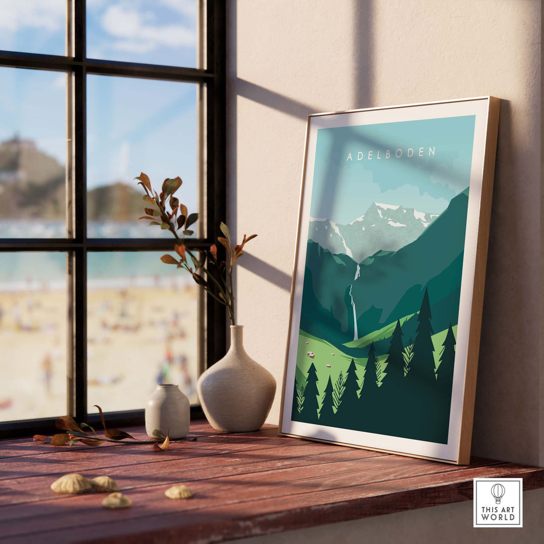 Adelboden travel poster print showcasing Swiss mountains and lush scenery in a stylish indoor setting.