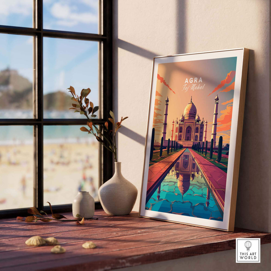 Vibrant Taj Mahal Agra wall art print displayed in a sunny interior, showcasing India's iconic monument.