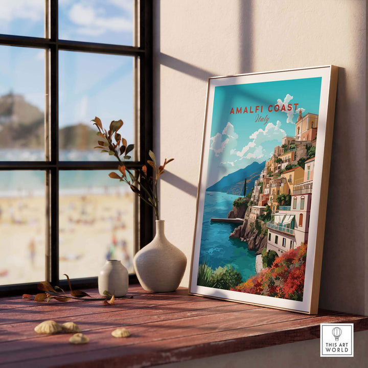 Amalfi Coast travel poster print in a sunny home setting, showcasing stunning pastel colors and coastal views.