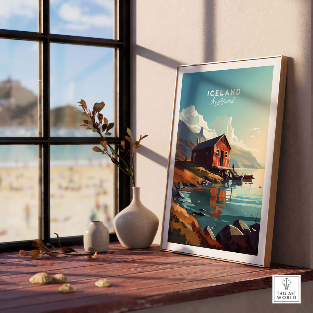 Framed Icelandic poster of Reykjavik by a window, showcasing mountains and a lake for stylish home decor.