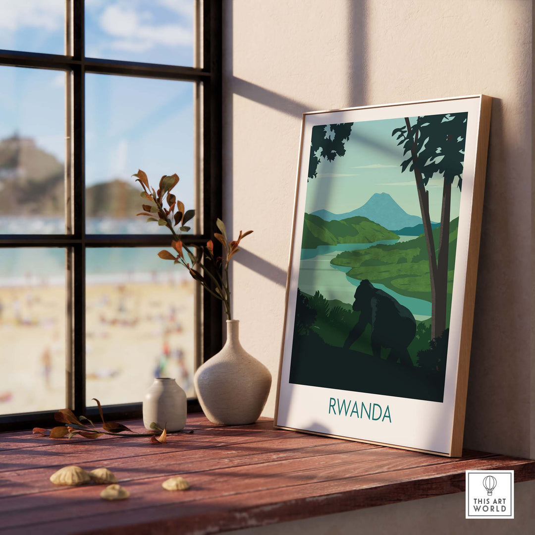 Rwanda Mountain Gorilla wall art print showcasing vibrant colors and lifelike details in a cozy interior setting.