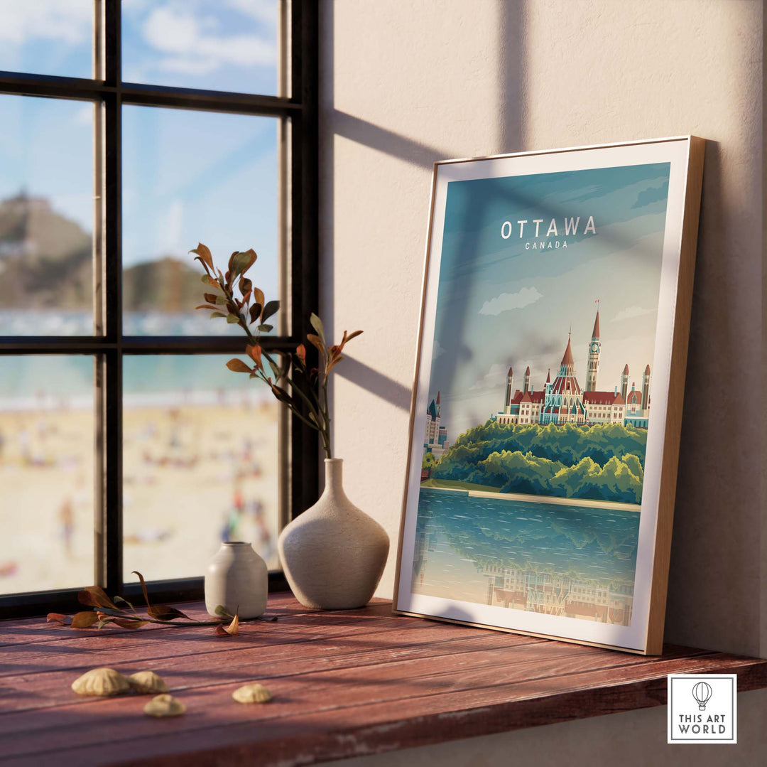 Ottawa Canada travel poster print displayed on a table with a scenic view and modern decor.