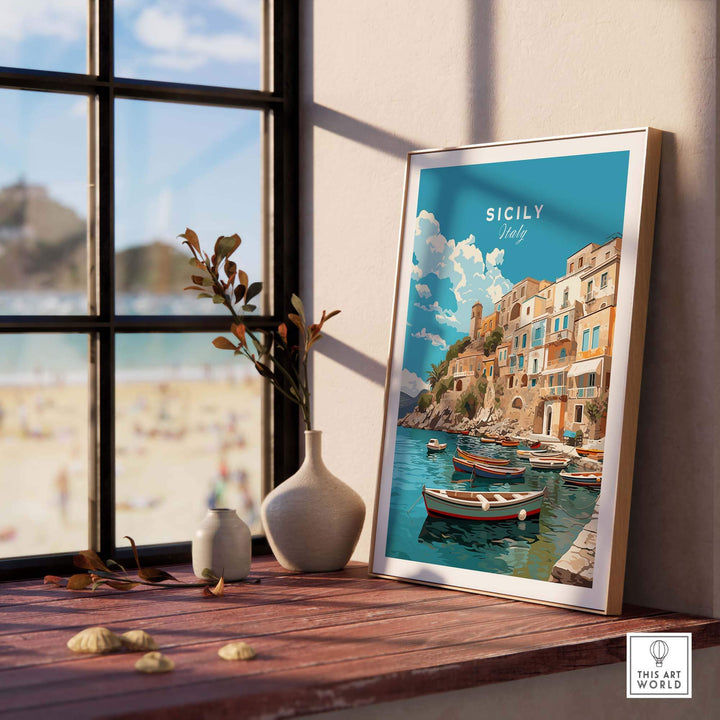 Framed Sicily Wall Art Print displayed on a table, showcasing vibrant colors and Italian coastal scenery.